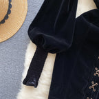 Vintage Square Collar Suede Black Dress