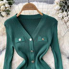 Elegant V-neck Long Sleeve Knitted Dress