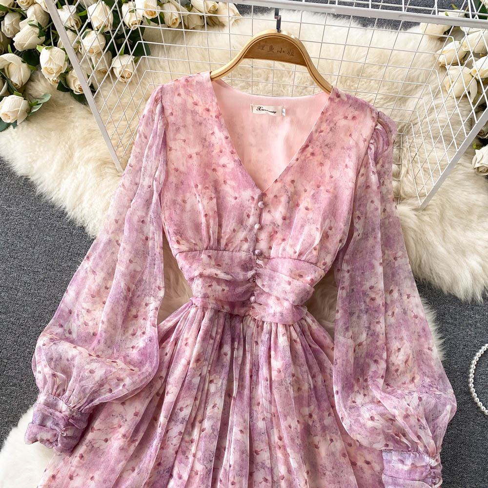Chiffon Floral V-neck Puff Sleeve Printed Dress