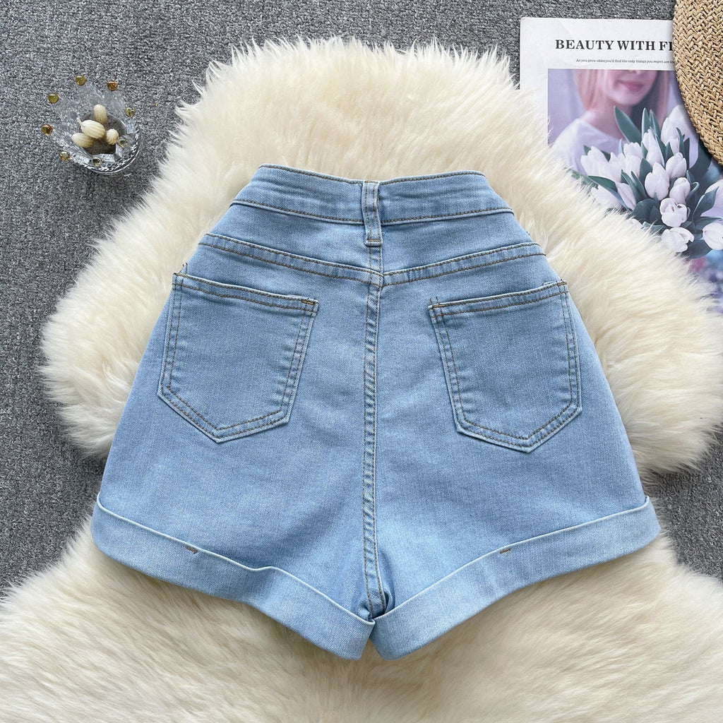 Vintage High-waist Hemming Denim Shorts