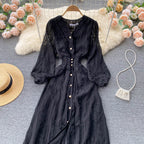 V-neck Single-breasted Long-sleeved Shirt Dress