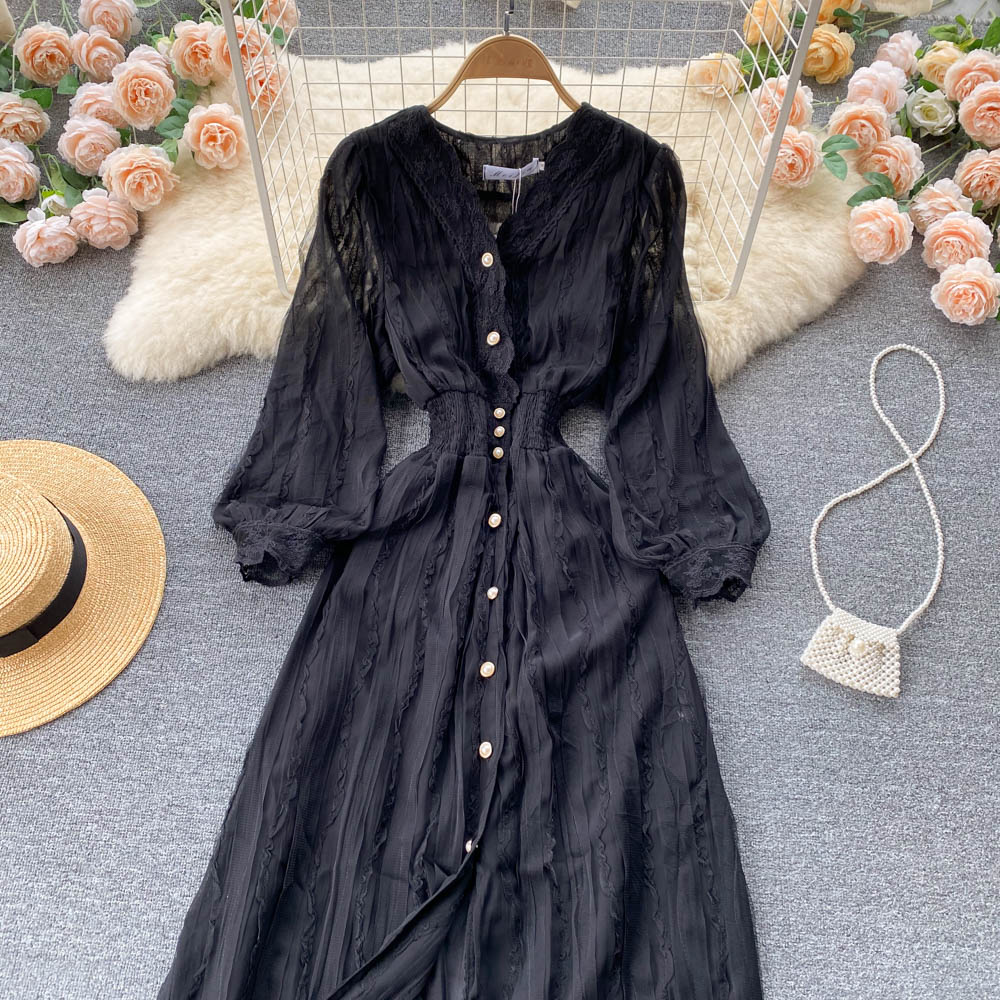 V-neck Single-breasted Long-sleeved Shirt Dress