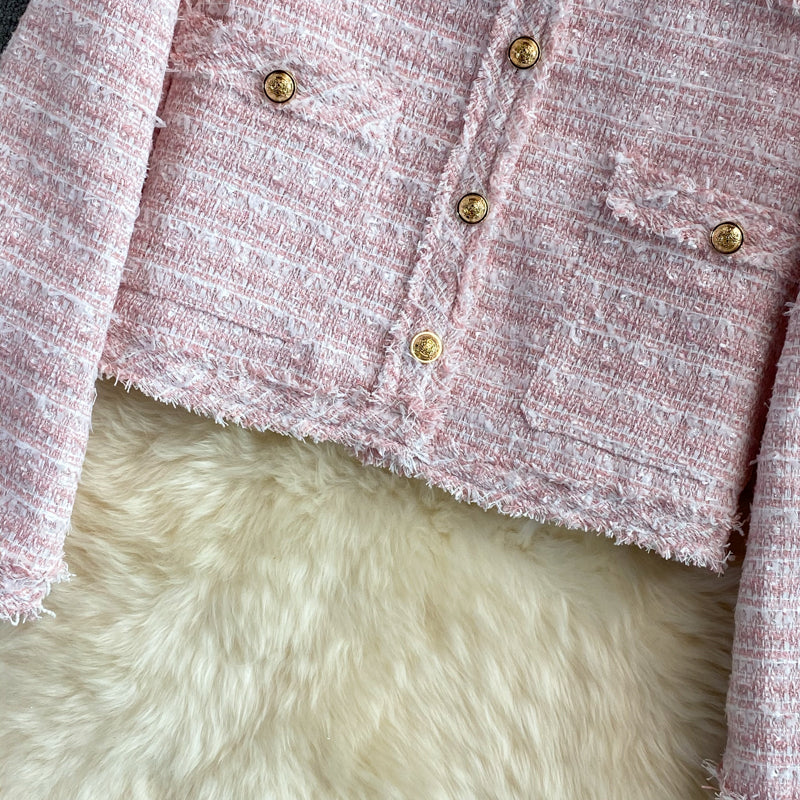 French Vintage Round Neck Braided Tweed Jacket