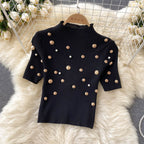 Beaded Knitted Top&Mesh Skirt 2Pcs