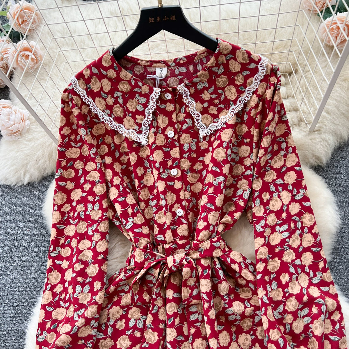 Vintage Doll Collar Floral Chiffon Dress