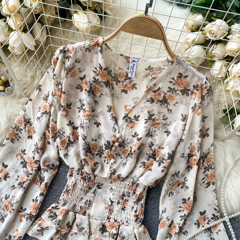 Chiffon Ruffle Trim V-neck Floral Top
