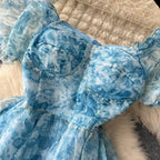 Bubble-sleeve Floral Organza Puffy Dress