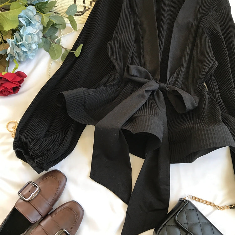 V-neck Pleated Tie Bow Ruffled Chiffon Shirt
