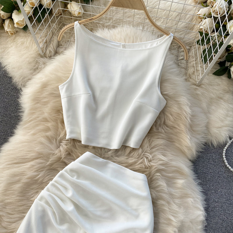 Solid Color Vest&Hip-wrapping Skirt 2Pcs