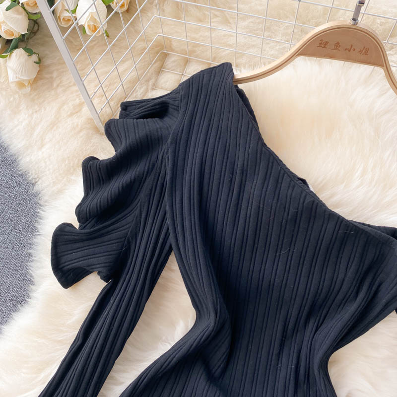 Slant Collar Off-shoulder Ruffled Flared Sleeve Dress