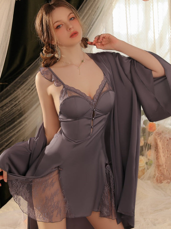 Ice Silk Padded Dress&Lounge Robe 2Pcs