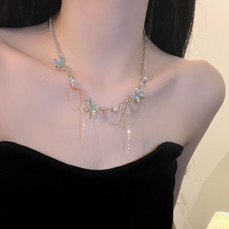 Butterfly Charm Tassel Patchwork Necklace