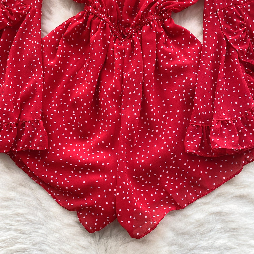 V-neck Lace-up Polka Dot Rompers