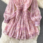 Chiffon Floral V-neck Puff Sleeve Printed Dress