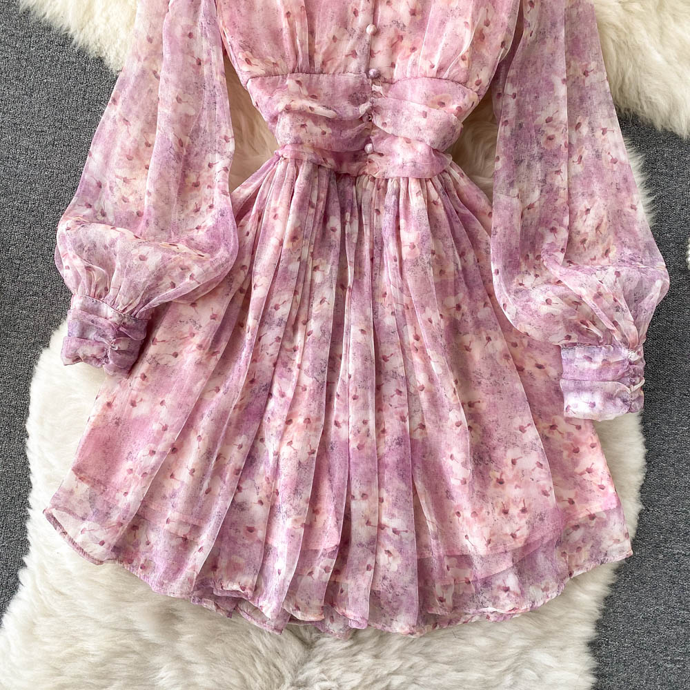 Chiffon Floral V-neck Puff Sleeve Printed Dress