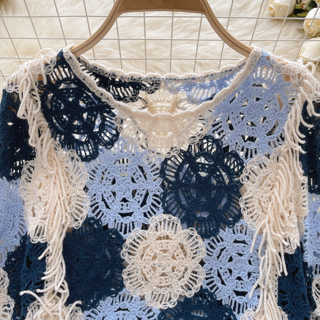 Flared Sleeve Hollowed Crochet Knitted Top