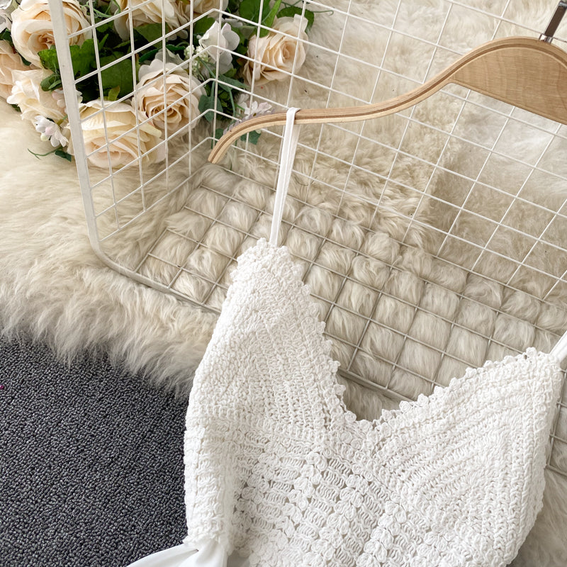 Crochet Knitted Lace-up White Slip Dress