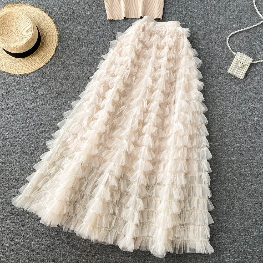 Knitted Top & Mesh Skirt Two-piece Suit