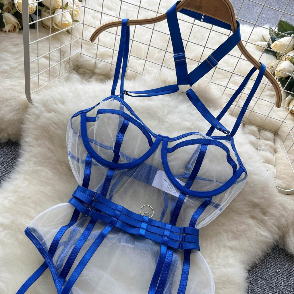 Mesh Patchwork Crossover Halter Jumpsuit
