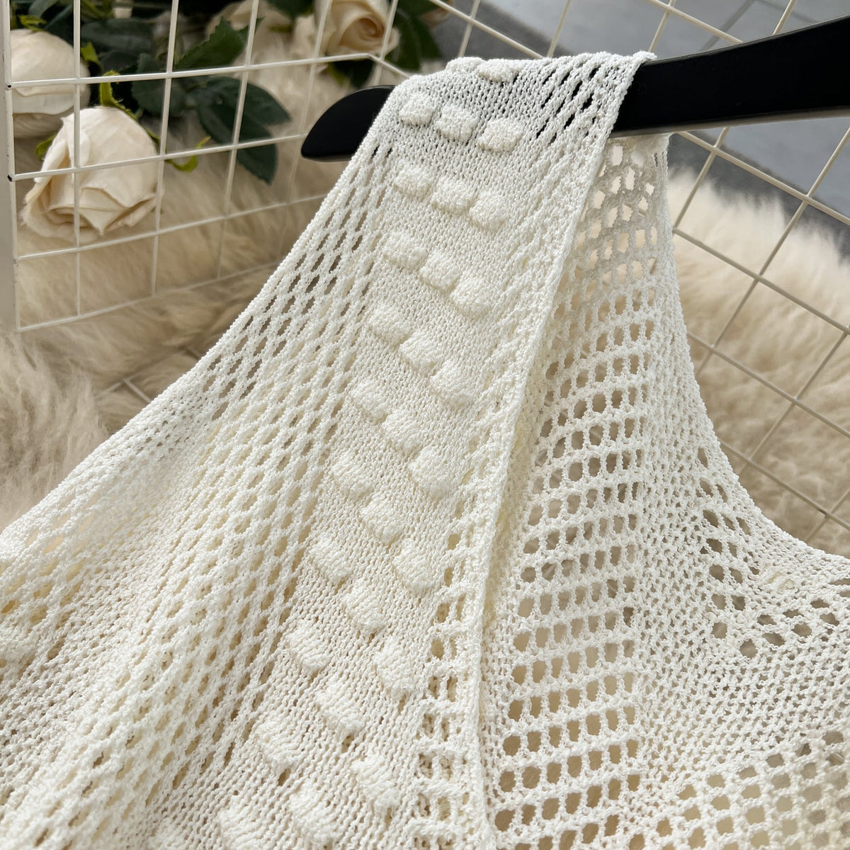 V-neck Hollowed Knitted White Dress