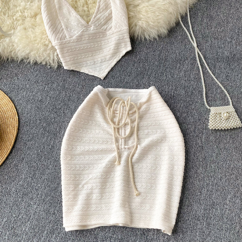 Lace-up Tube Top + High Waist Drawstring Skirt Two-piece Set