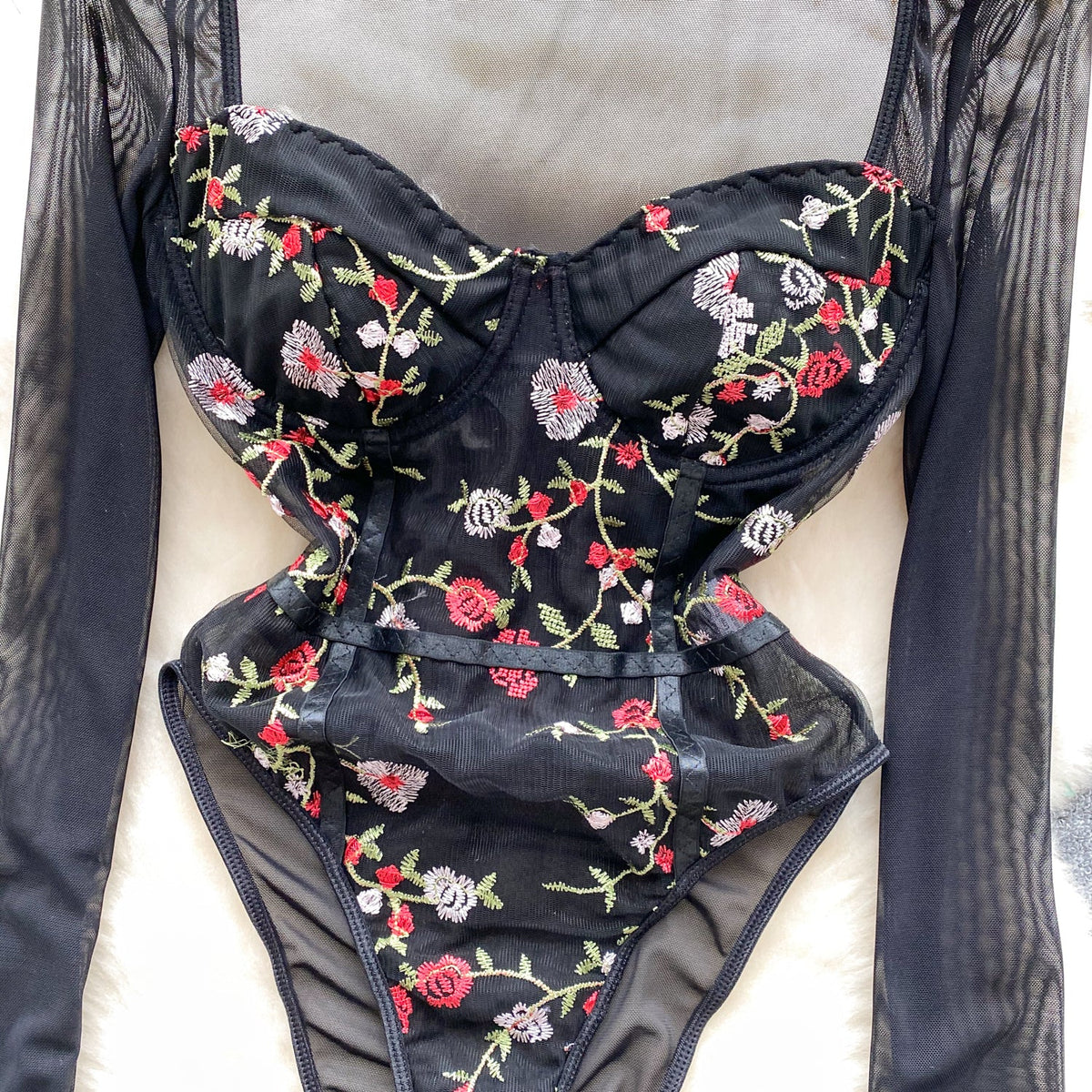 Slim-fit Floral Embroidery Black Romper