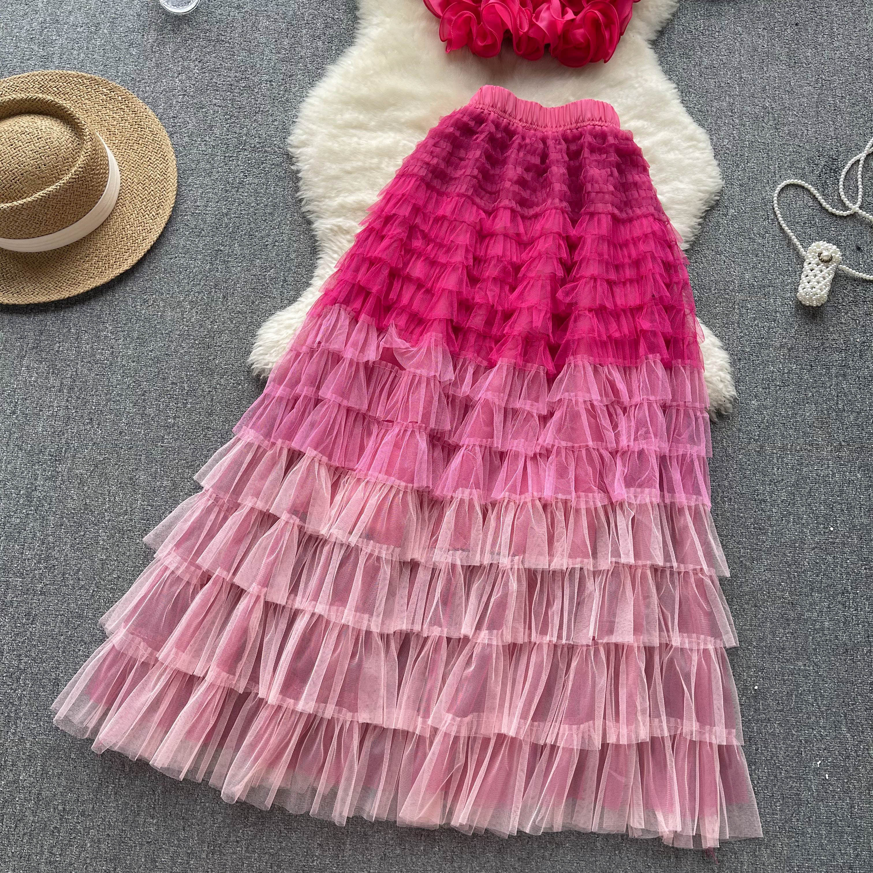 3d Floral Gradient Camisole&Skirt 2Pcs