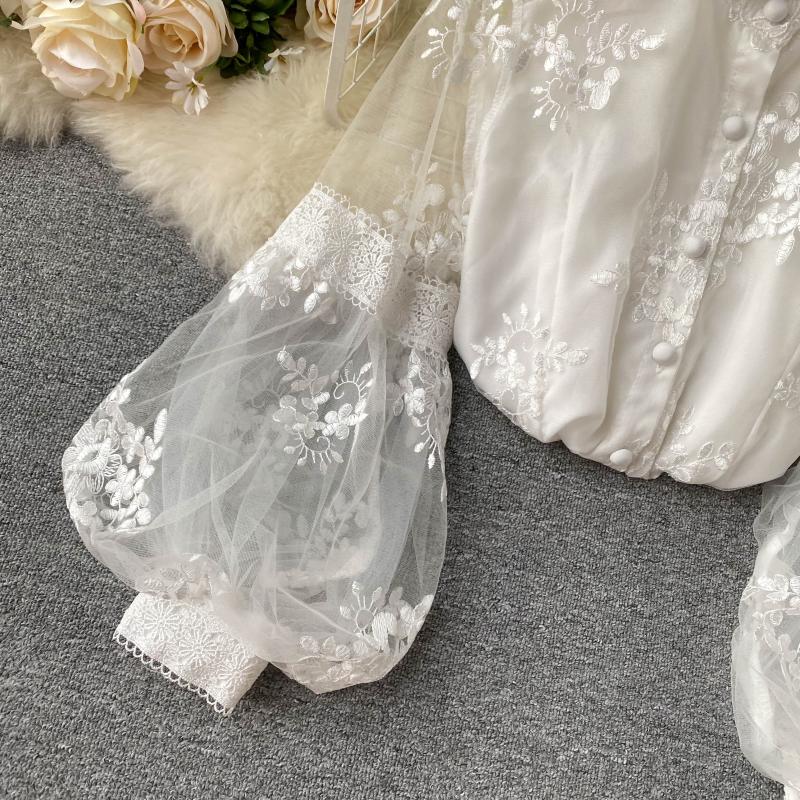 Mesh Lace Embroidered Puff Sleeve Shirt