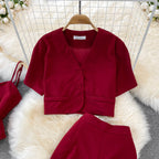 Camisole Short V-Neck Shirt Jacket Long Pants Three Piece