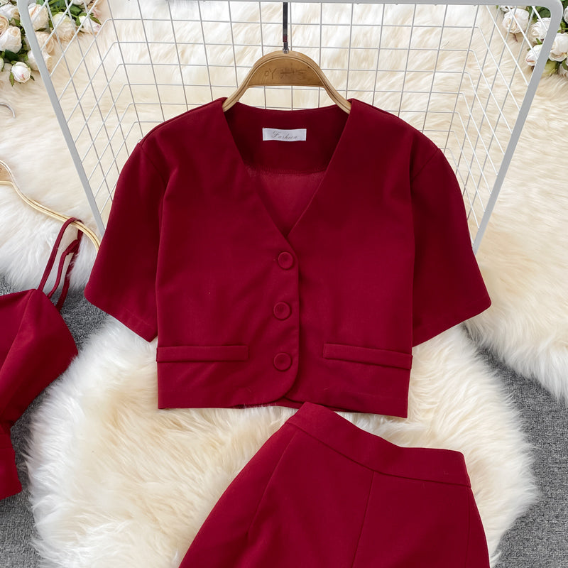 Camisole Short V-Neck Shirt Jacket Long Pants Three Piece