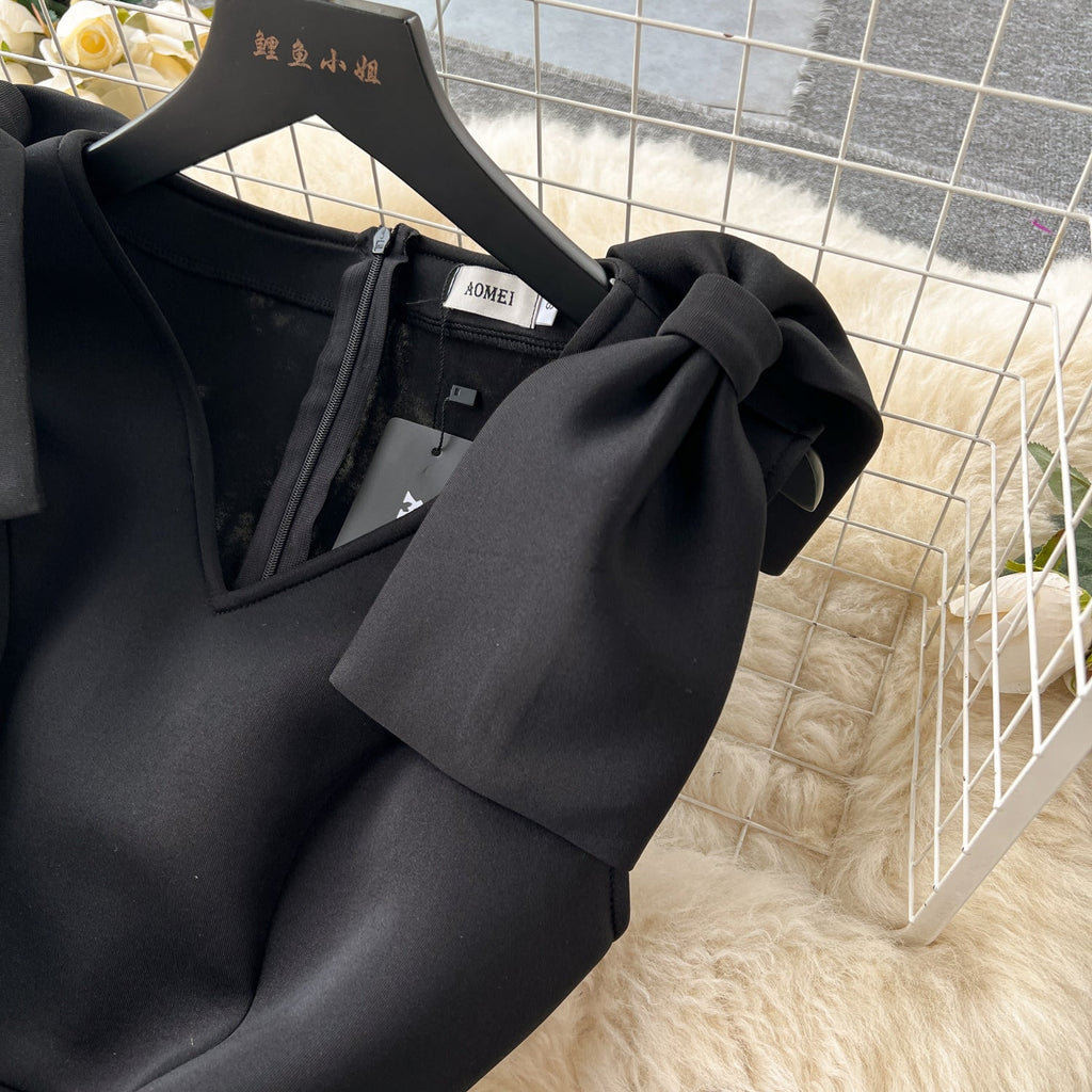 V-neck Black Mesh Patchwork Dress