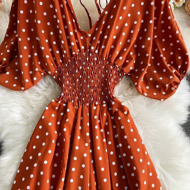 V-neck Bat Sleeve Waist Polka Dot Print Jumpsuit