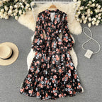 V-neck Chiffon Floral Long-sleeve Dress