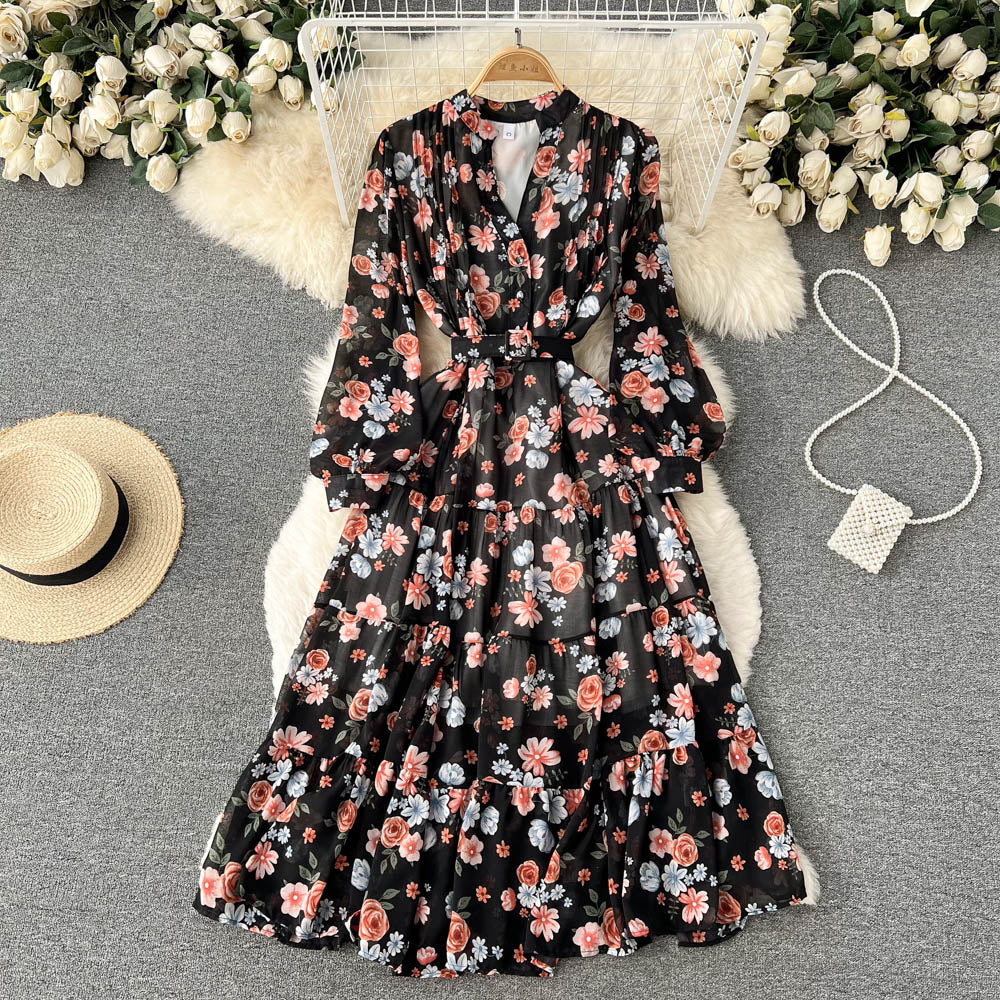 V-neck Chiffon Floral Long-sleeve Dress