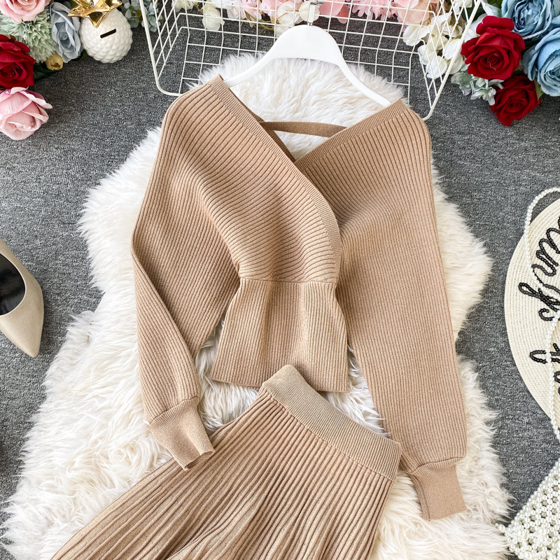 Two-piece Bright Silk Knitted Sweater + Skirt