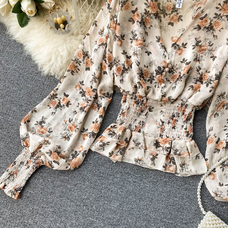 Chiffon Ruffle Trim V-neck Floral Top
