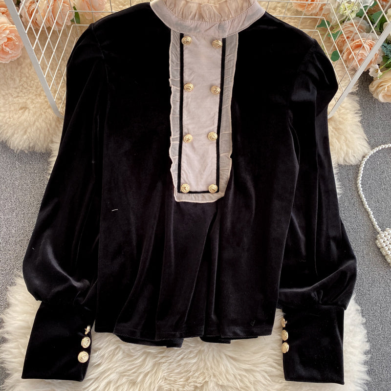 Collar Stitching Retro Velvet Sweater