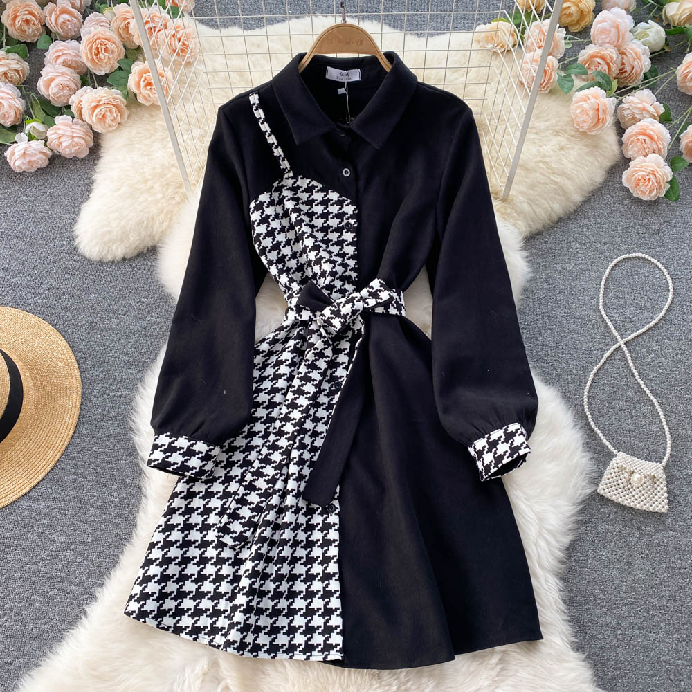 Houndstooth Stitching Long Sleeve Dress