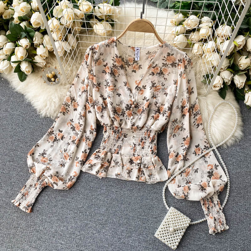 Chiffon Ruffle Trim V-neck Floral Top