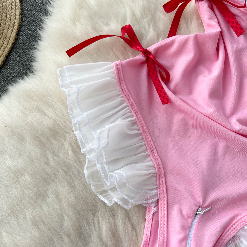 Sweet Pink Ruffle Mesh High-cut Jumpsuit
