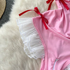 Sweet Pink Ruffle Mesh High-cut Jumpsuit