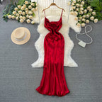 Vintage Draped Glossy Red Slip Dress