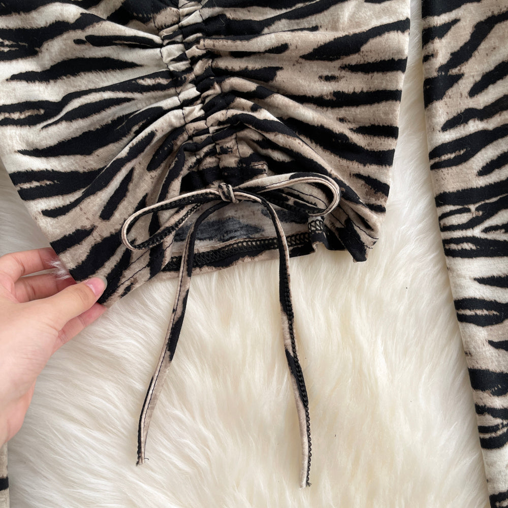 Leopard V-Neck Ruched Tie Long Sleeve T-Shirt