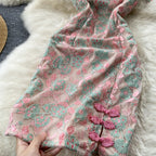 Embroidered Floral Printed Slit Cheongsam Dress