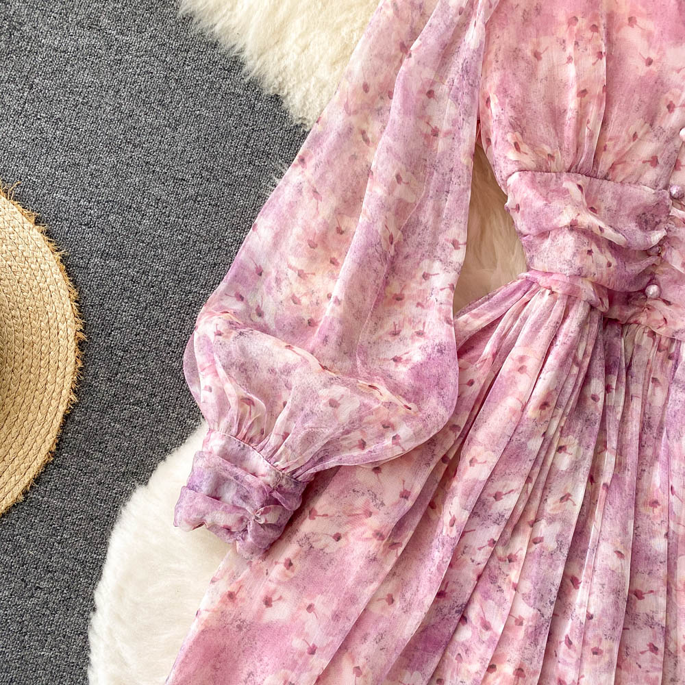 Chiffon Floral V-neck Puff Sleeve Printed Dress