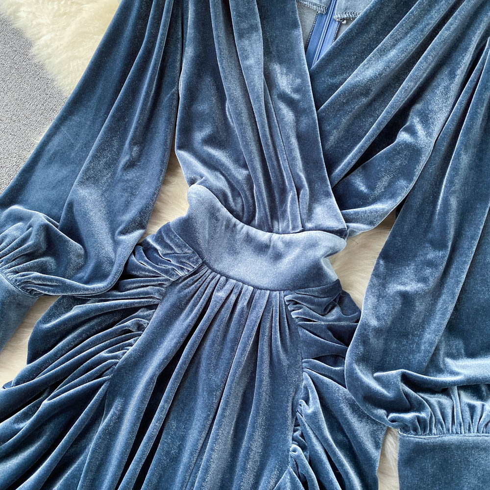 V-neck Waist Velvet Dress