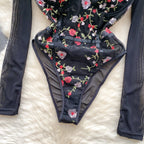Slim-fit Floral Embroidery Black Romper