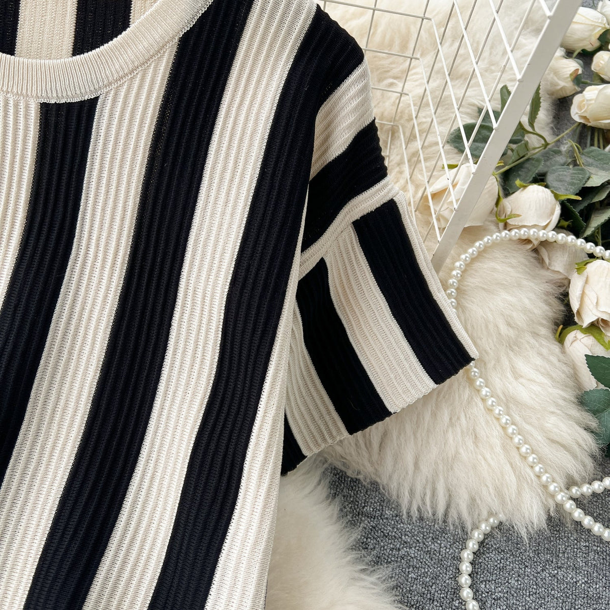 Striped Sweater&Wide-leg Trousers Knitted 2Pcs