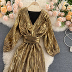 Courtly Lace-up Waist-slimming Gold Dress