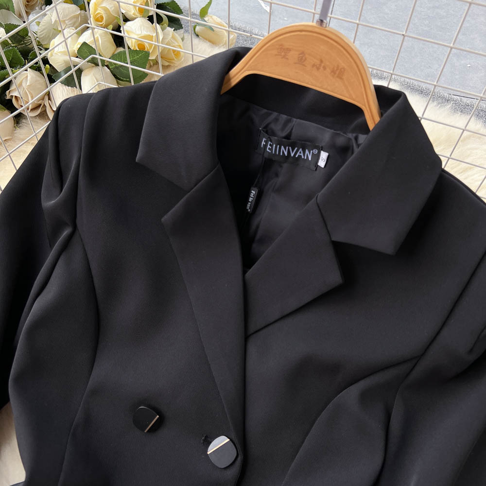 Lapeled Pleated Black Suit Dress